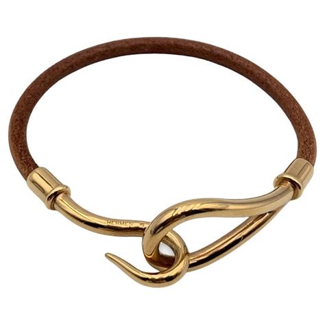 Hermes Light Brown Leather Silver Metal Jumbo Hook Bracelet